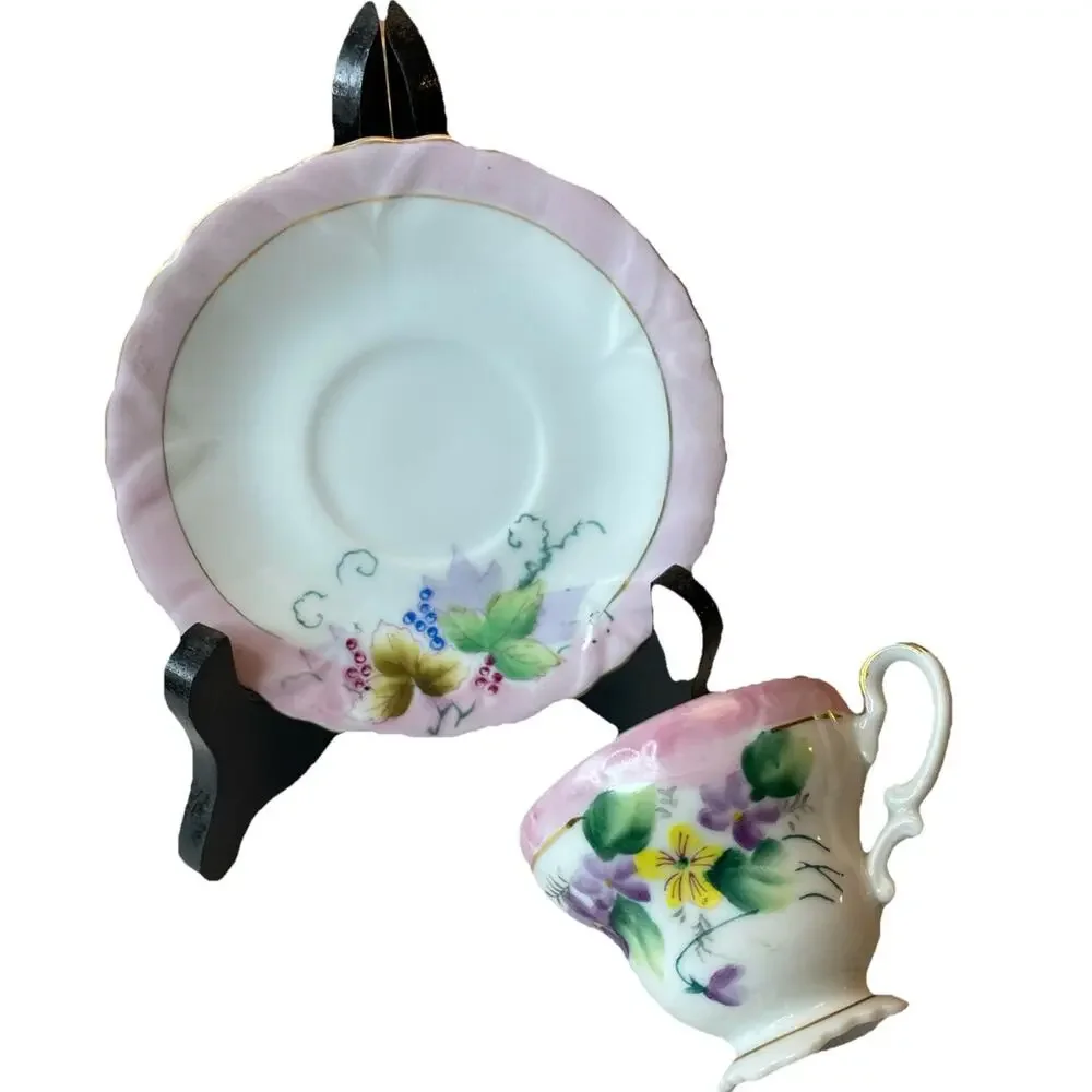 Fern Japan Hand Painted Tea Cup & Saucer Set Of 2 Strawberries Floral 4 PCs